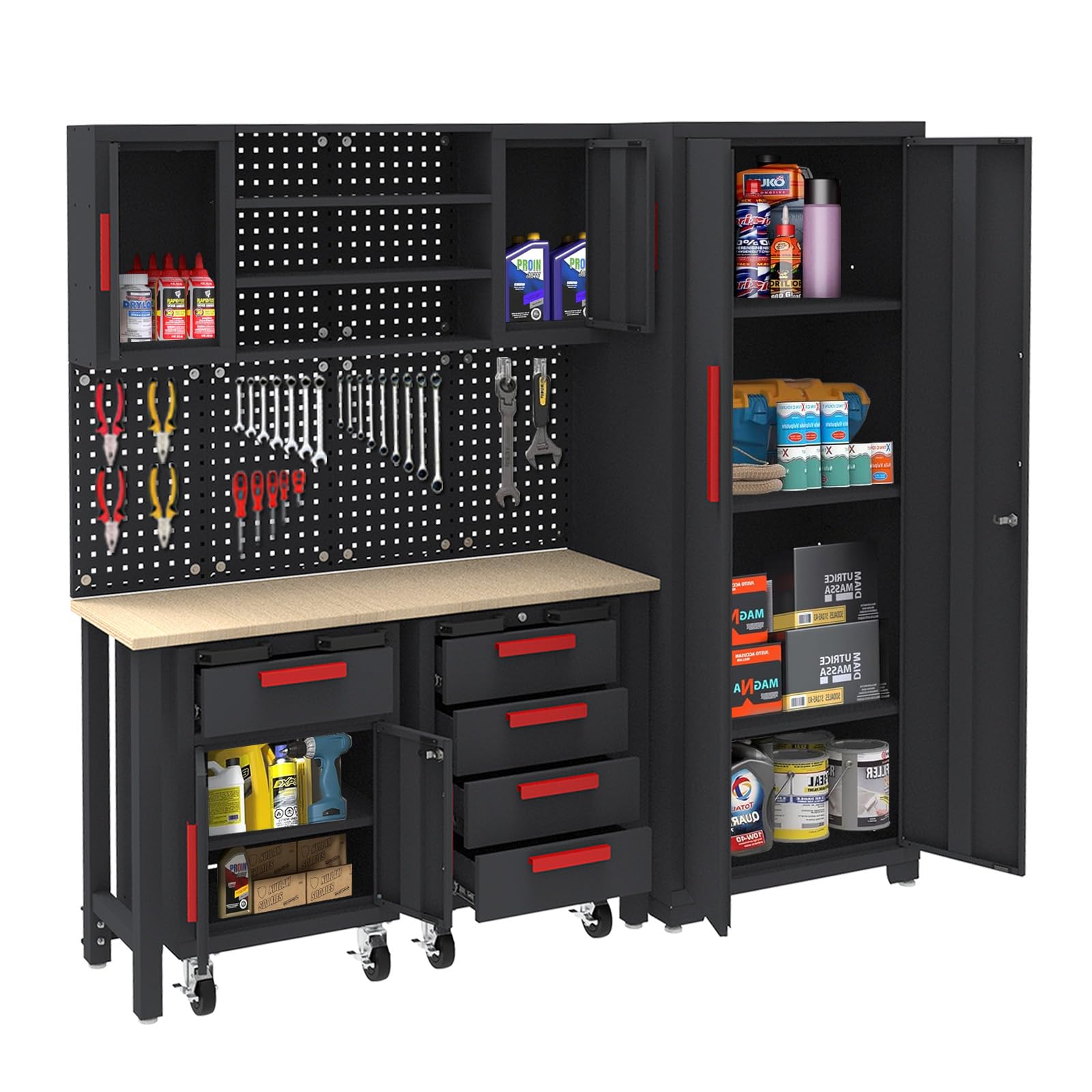 Garage workbench with pegboard storage